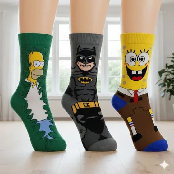 kit 3 Pares de Meias Divertidas Cano Longo Algodão Desenhos e Personagens Unissex