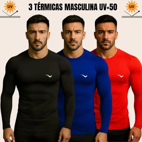 Kit com 3 camisas térmicas com proteção solar UV 50+
