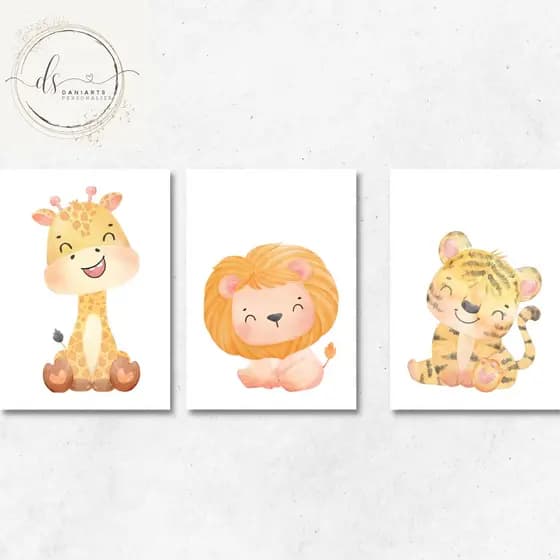 Kit 3 quadros animais safari 20x28 mdf