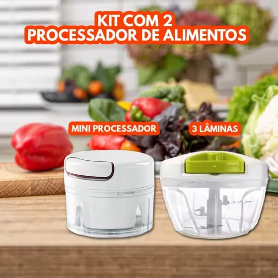 Kit 2 Peças - Processador manual de alimentos com 3 lâminas 400 ml + Mini Processador manual de alimentos 200 ml