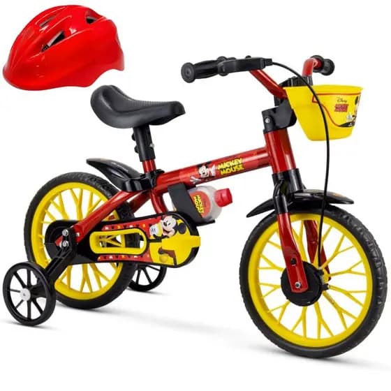 Bicicleta Infantil Menino Aro 12 com Capacete Vermelho Mickey Disney