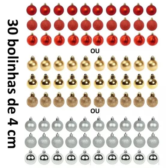 Kit 30 Bola Pequena Bolinha De Natal 4cm Mista Fosca Glitter Lisa Vermelha Ou Dourada Ou Prateada