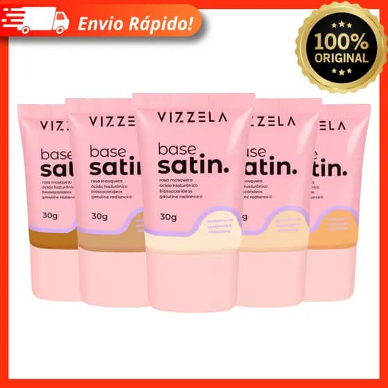 Base Líquida Satin 30g Vizzela Linha Vegana Acabamento Acetinado e Hidratante Fix Natural