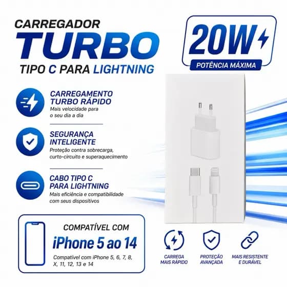 Kit Carregador 20W Compatível com iPhone USB‑C PD + Cabo Lightning USB‑C 1m — Carregador Turbo iPhone 14/13/12/11/SE