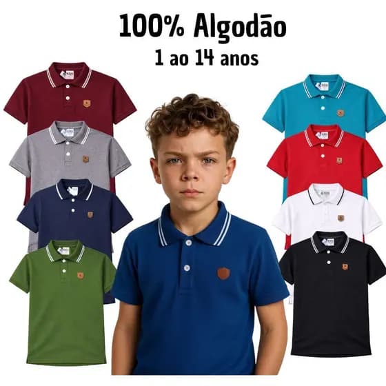 Camiseta Polo Menino 100% Algodão Masculina Para Criança De 1 A 14 Anos