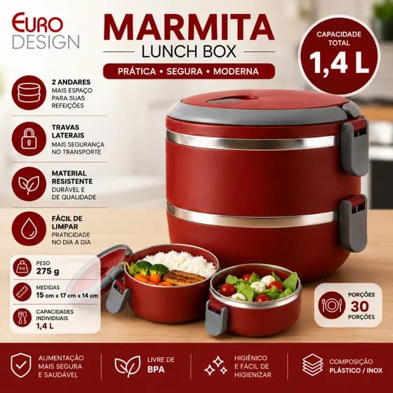 Marmita Térmica Dupla 1,4 Litros Lunch Box Vermelha Euro Home - Almoço Janta Refeição Completa Casa