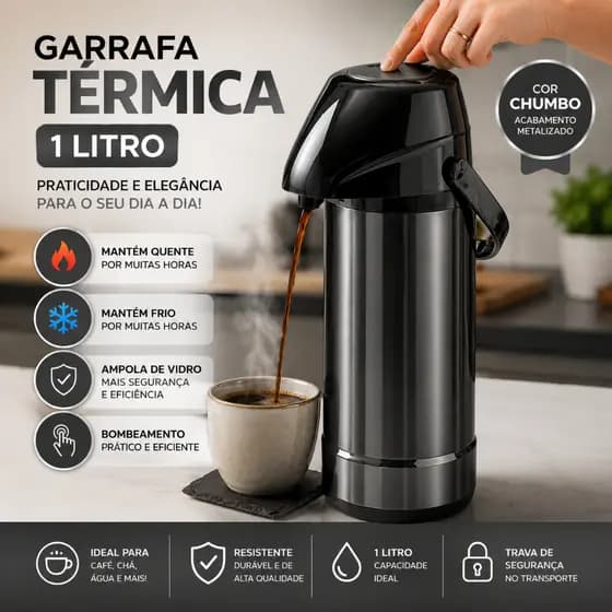 Garrafa Térmica Café Leite Chá GLT Pressão 1Litro Cor Chumbo Invicta Casa Escritório Empresas