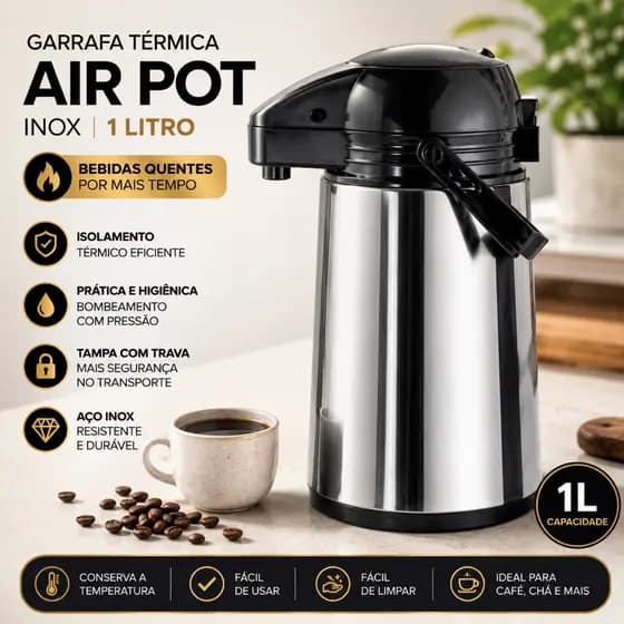 Garrafa Térmica Inox Café 1Litro De Pressão Apertar Hotel Pousada Bebidas Quentes Chá Leite Suco