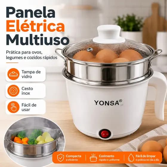Panela Chaleira Elétrica Multiuso com Cesto Vapor Tampa de Vidro Recipiente Inox para Ovos Legumes e Cozidos