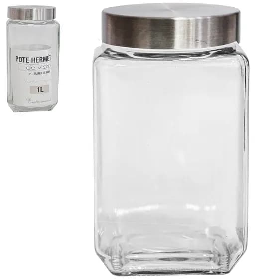 POTE DE VIDRO QUADRADO LISO COM TAMPA DE INOX
