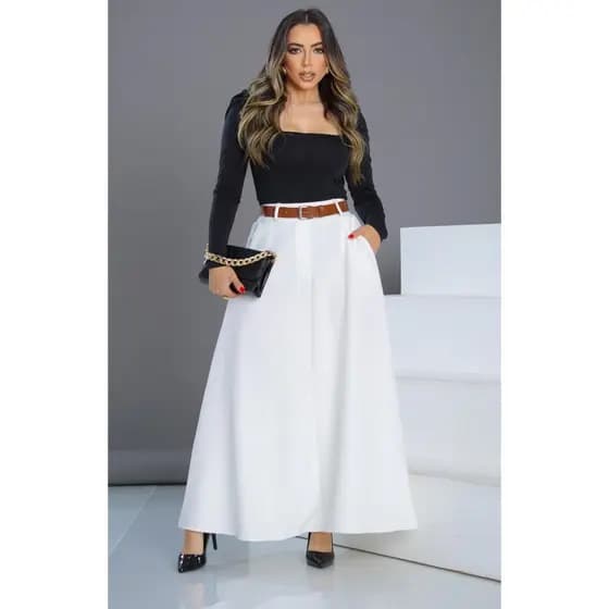 Saia Tecido de Alfaiataria Branco off White Longa com Cinto Marrom Viscose lisa Ano Novo Godê Evasê Rodada Transpassada social 3 marias moda evangélica Elegante Congresso Igreja