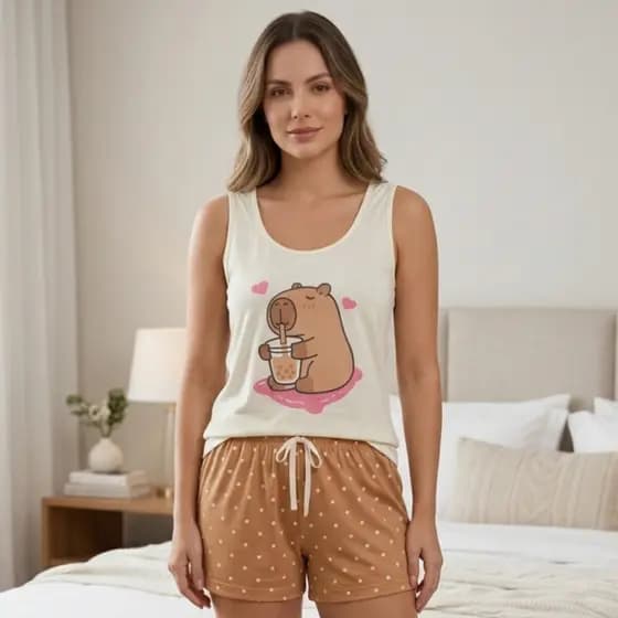 Pijama Feminino Verão Baby Doll Regata Adulto Malha Confortável Dormir Fresquinho Blusa e Short