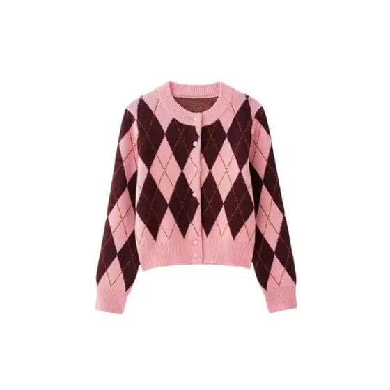 Cardigã Feminino de Tricô Jacquard Argyle, Manga Longa, Gola Redonda, Elegante, Peça de Vestuário Feminina
