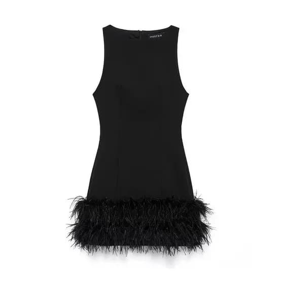 Novo Vestido Mini Elegante de Patchwork Francês com Plumas para Mulheres Simples e Chique, Cor Sólida, Sem Mangas, Decot