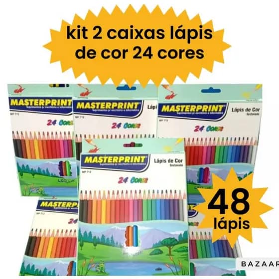 Kit 2 Caixa Lápis de Cor Sextavado 24 Cores Vivas Total 48 Lapis Escolar Masterprint