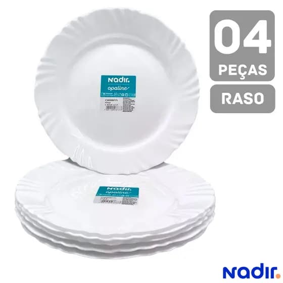 Prato Raso Opaline Pétala Branco 4 Peças Resistente em Vidro Temperado