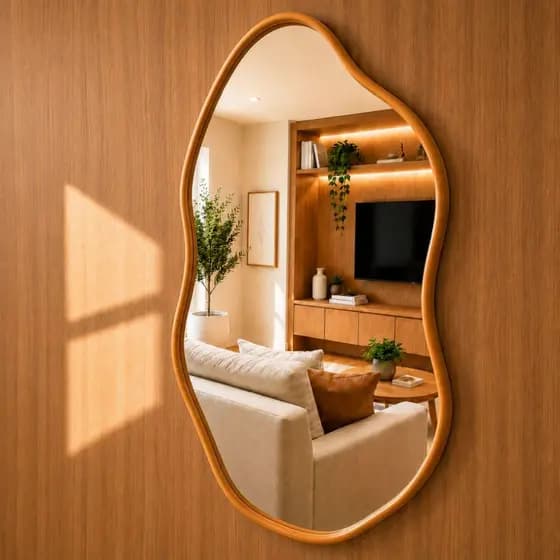 Espelho Orgânico Design Moderno 60x40 Decorativo De Parede Couro Reforçado Banheiro Penteadeira Sala