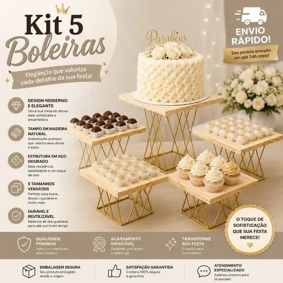Kit Boleiras e Doceiras Jogo 5 Peças Base Quadrada Treliçada e Madeira Natural Decoração de Festa