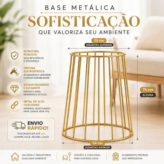 Suporte Mesa Cilindro Dourado Pé Base Metálica Decoração Luxo Sala Cozinha Escritório e Bistrô