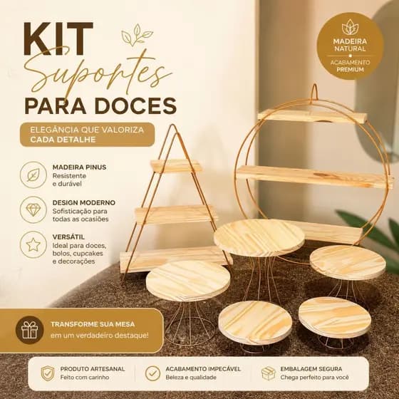 Combo Kit 5 Boleira e Suporte Redondo e Escadinha 3 Andares para Doces Bolos Lembrancinhas de Festas