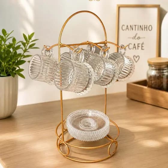 Organizador Porta Xícaras e Pires 6 Ganchos– Suporte de Mesa Moderno em Ferro Pintura Eletrostática