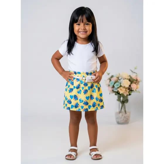 Saia Infantil Blogueirinha com Cinto Mini Pochete Bolsinha Infantil Menina Estampada Stich