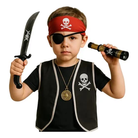 Fantasia menino infantil acessorios pirata ( colete + bandana + espada + luneta + colar + tampão olho )