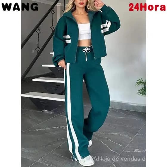 Conjunto Esportivo Feminino de Duas Peças: Jaqueta Listrada com Zíper + Calças Longas Casuais