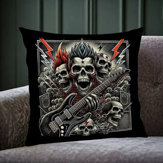 Capa para Almofada Decorativa Caveiras e Guitarras