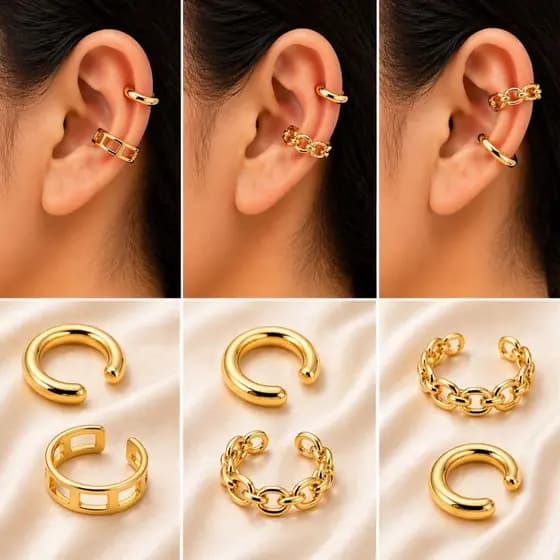 Kit 2 Brincos Piercing Fake Ear Cuff Feminino Banhado Ouro