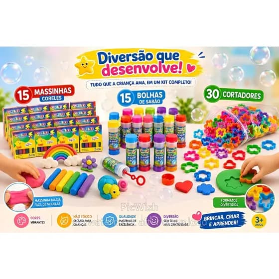 15 Massinha de Modelar + 15 Bolha de Sabão + 30 Cortador Molde Forminha Lembrancinha Infantil Festa Crianças