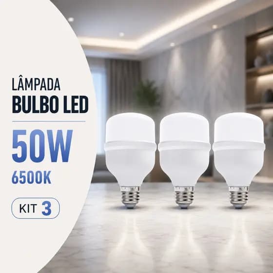 Kit 3 Lâmpada Led Super Bulbo 50w 6500k Branco Frio Bivolt 110v 220v E27 Econômica Branca Potente