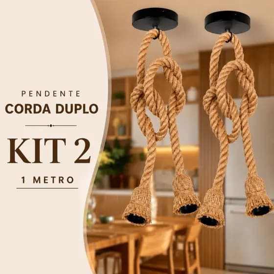 Kit 2 Luminária Pendente Corda Duplo Sisal 1 Metro Bivolt 110v 220v Vintage Rústico Decorativo Teto