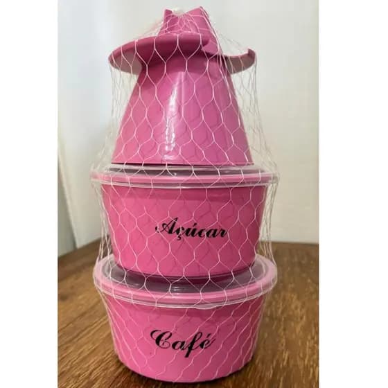Kit Café 3 peças Rosa - Potes Potes para Açúcar e Café + Suporte Coador