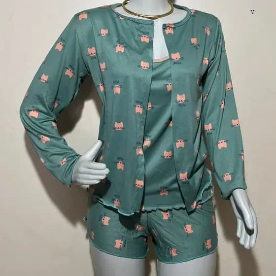 Pijama Babydoll Feminino 3 Peças Regata Short e Casaquinho Confortável