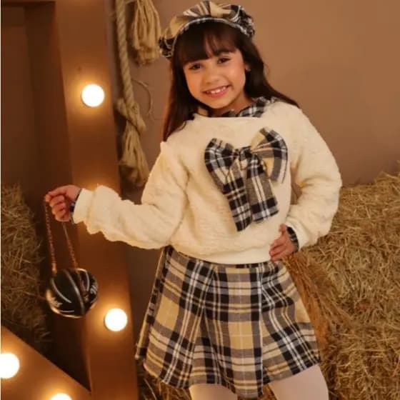 Cojunto Infantil Feminino Xadrez De Inverno