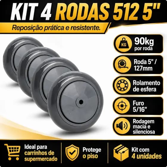 Kit 4 Rodas 512 PVC 5 Pol Para Carrinho Supermercado Rolamento 90kg