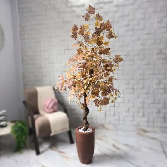 Arranjo Artificial Plátano 150cm Vaso Decorativo Pedra Folhagem Bege Lilás
