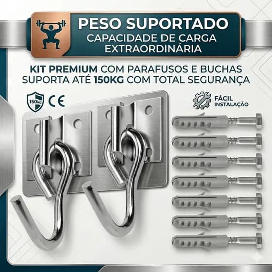 Kit Par de Gancho Armador De Rede De Balanço até 250kg Aço Grosso Reforçado Com 8 Parafusos E Buchas Ou Chumbadores