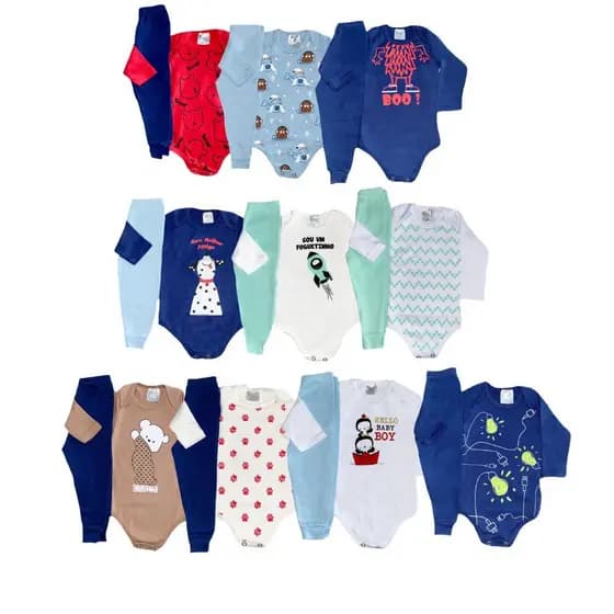 Kit 10 Peças 5 Conjuntos Estampado Calça e Manga Longa Tamanho RN/P/M/G/GG
