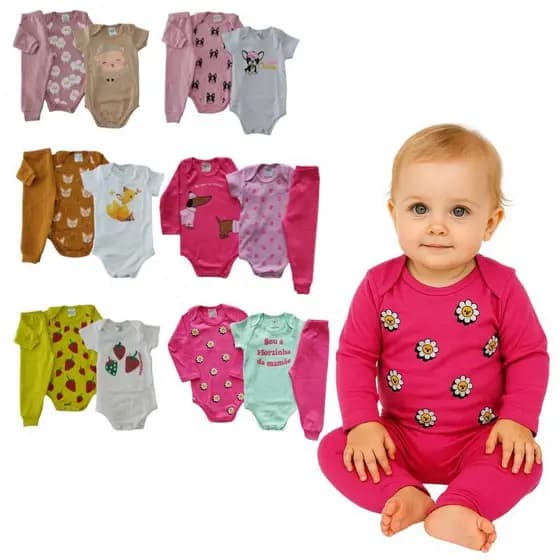 Kit 9 peças body infantil inverno Menina Manga Longa e Curta Tamanho RN/P/M/G/GG