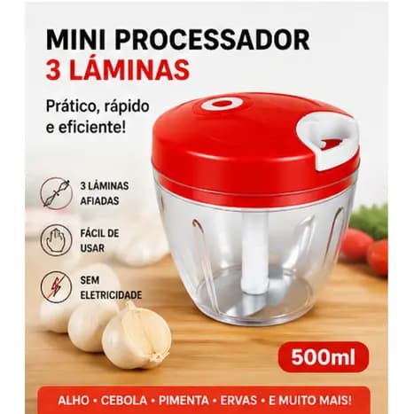 Mini Processador Manual 500ml 3 Lâminas Triturador de Alho Cebola Cozinha Prático Compacto