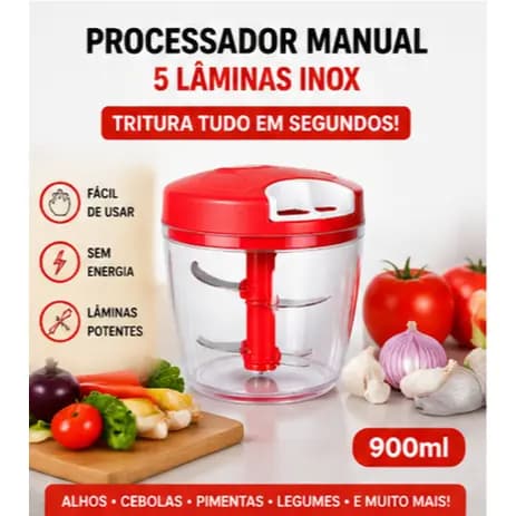 Processador Manual 900ml 5 Lâminas Inox Triturador de Alimentos Cozinha Rápido