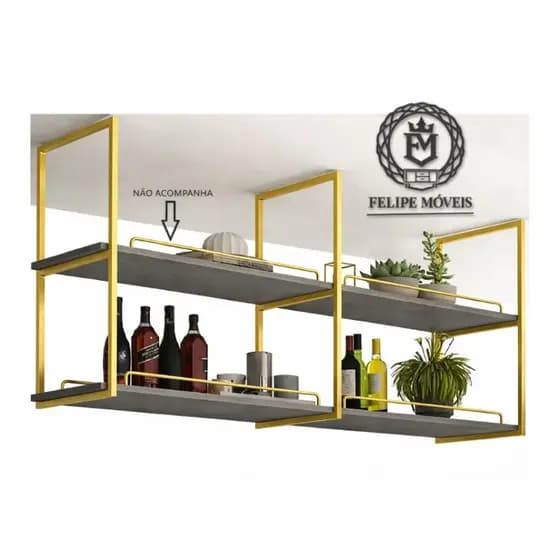 PRATELEIRA INDUSTRIAL SUSPENSA/PAREDE NICHO SUPORTES 50X25 DOURADO COM PRATELEIRA CINZA