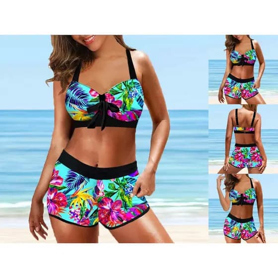 Conjunto De Biquíni Feminino De Cintura Alta Com Estampa Requintada Maiô De Praia