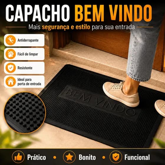 Capacho Bem Vindo Borracha Pura 63x39cm Antiderrapante Não é PVC Resistente Durável