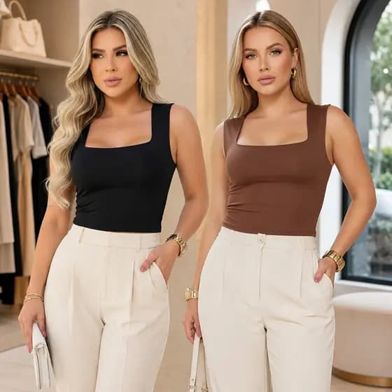 Kit 2 Blusas Regata Feminina Cropped Decote Quadrado Forrada Sem Transparência Elegante