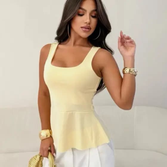 Blusa Bata Regata Feminina Com Babado Peplum Alça Larga Moda Verão Elegante Casual Confortavel Moda