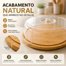 Boleira Porta Bolo Bambu Com Tampa Cúpula Em Acrílico 28cm