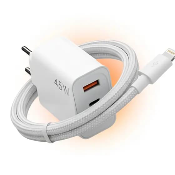 Carregador Turbo Para Iphone Apple Lightning 45W Com Cabo Carregamento Duplo Rapido V8 PD QC